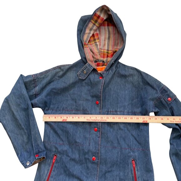 Vintage S.B.S Denim Hooded woman's Jacket With Plaid Lining & Red Accents - Picture 3 of 9